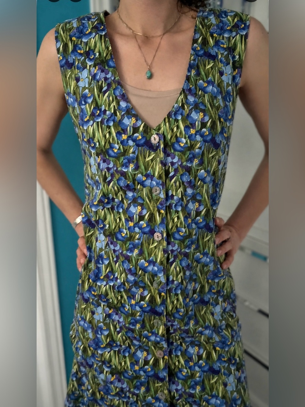 🇨🇦Vintage Iris Garden Cotton Maxi Dress • Blue Purple Green • Layering Tunic